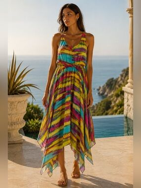 Catch My I Dress Small Multicolor Abstract Handkerchief Hem Maxi Y2K Boho USA